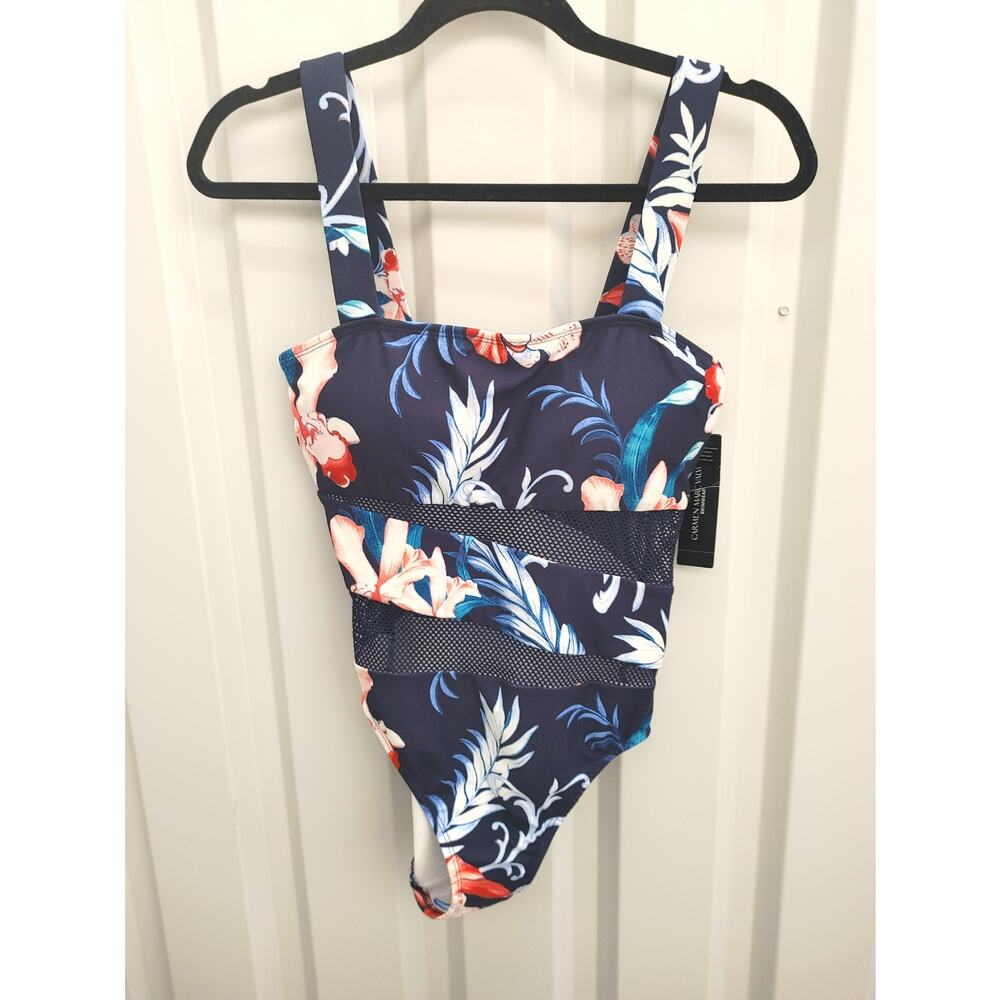 Carmen Marc Valvo Swimsuit One Piece Mesh Detail Floral Sz 10 NWT - Picture 2 of 6